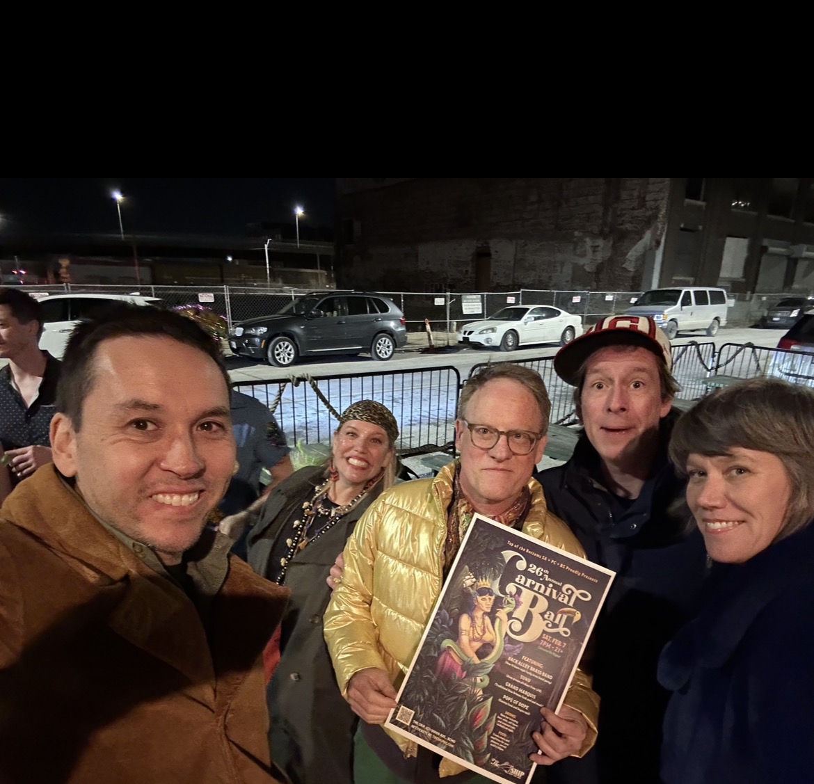 Mom and friends outside the Carnival Ball at night