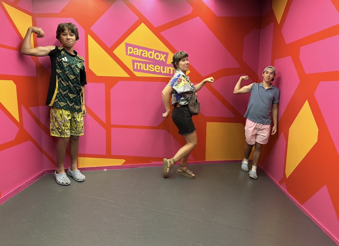 The three of them posing at the Paradox Museum